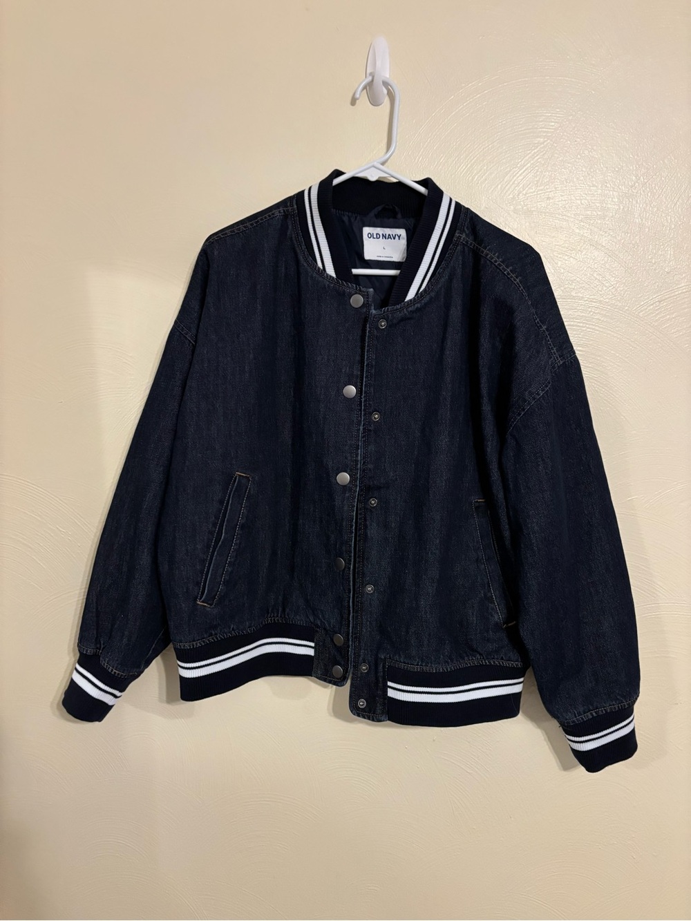 Old Navy Denim Varsity Bomber Jacket L Dark Wash Snap Front Striped